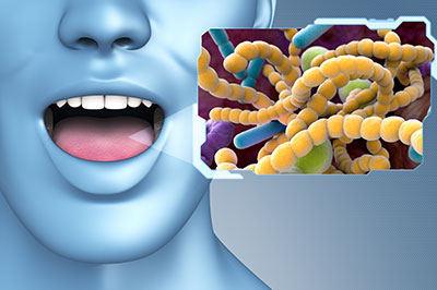 The image shows a 3D rendering of a human head with an open mouth, displaying a cellular structure that resembles bacteria or viruses within the oral cavity, set against a blue background.