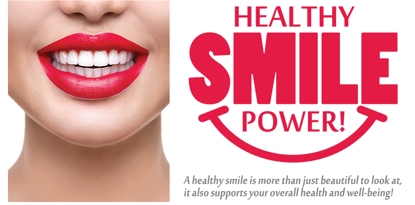 The image shows a close-up of a person s face with red lipstick, featuring a slogan  HEALTHY SMILE POWER  on a white background.