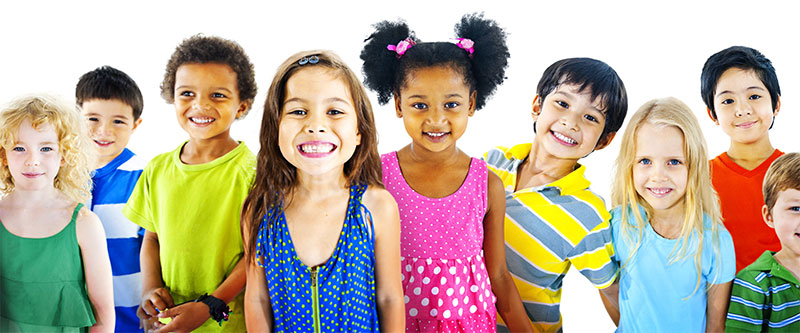 The image features a diverse group of children posing together with bright smiles, showcasing their individuality through colorful clothing against a neutral background.
